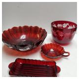 Red Glass Bowls, Vase, Candy Dish