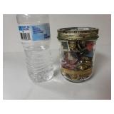 Ball Jar With Misc. Pins, Necklaces ,Earrings And