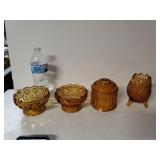 Fenton Footed Dish, Amber Glass Fairy Lamp And 2