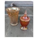 Beautiful Carnival Glass Vase & Compote