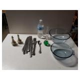 Pyrex Mixing Bowls, Flatware, Paperweight Vase
