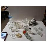 White Fenton Dish, Vintage Crystal Leaves,