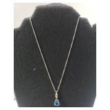 Ladies Silver Teardrop Necklace W/bright Blue