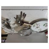Fowl Silver Like Trimmed Tray, Flatware & More