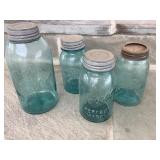 Vintage Blue Mason Jars 1 Two Quart & 3 One Quart