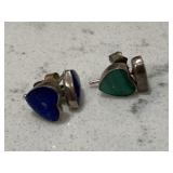 Vintage Silver Heart Earrings Emerald & Blue