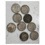 Lot 9 Assorted "V" Liberty Nickels
