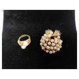 Vintage Gold Tone And Pearl Ring And Brooch. No