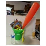 Sand Bucket With Contents To Include Baseball