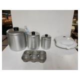 Vintage Metal Canisters,  Vintage Muffin Pan And