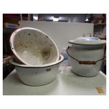 (3) White Enamel Pots - 1 With Lid