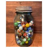 Vintage Marbles In Quart Blue Mason Jar