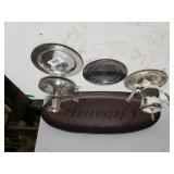 Assorted Silver Like Dishes, Candlestick,