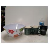 Plastic Flower Bowl & (3) Coffee Mugs
