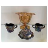 Miniature Blue Carnival Glass, creamer and Sugar