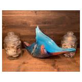 Hand blown Sea Shell Art Glass & Two Canisters