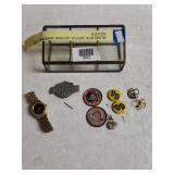 Glass Box, Watch, UD Pins, Baseball & Girl Scout