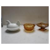 Milk Glass Nesting Hen, Carnival Glass Dish And
