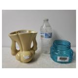 Vintage Yellow Vase & Small Blue Glass Jar