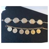(2) Novelty Coin Bracelets - Nickels & Farthing