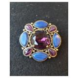 Ladies Purple Stone Flower Brooch - Marked