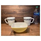 Small Pyrex Bowl & Two Pyrex Mugs