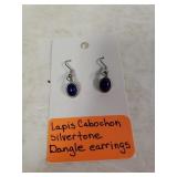 Ladies Lapis Cabochon Silvertone Dangle Earrings
