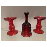 Two Ruby Red Candlesticks & Decorative Bell