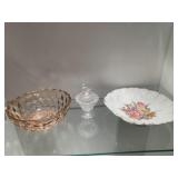 Pink Fostoria Bowl, Bird on a Nest Trinket Dish &