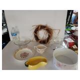 Glassware And Wreath. Bowl Has Chip