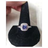 Ladies Silver Sapphire Ring - Size 11.5 - Marked