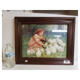 Framed Girl Feeding White Rabbits Picture