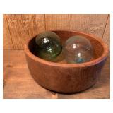 Quality Teakwood Bowl & Two Handblown Glass Balls