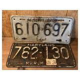 Vintage Maryland License Plates 1948, 52/53