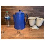 Vintage Blue Enamel Ware Speckled Pitcher & Metal