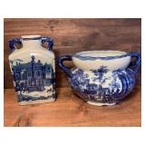 Vintage Flow Blue Decanter & Transfer Ware Pot