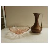 Depression Glass Footed Dish And Copper Like Vase