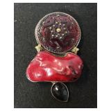 Ladies Brooch/Pendant W/large Red Stone - Marked