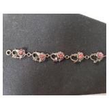 Ladies Flower Bracelet W/red Stones - Hallmarked