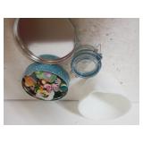 Pyrex White Bowl, Tin Of Magnets, Small Jar