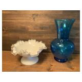 Fenton Milk Glass Pedestal Dish & Vintage Blenko