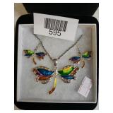 Ladies Silvertone Colorful Dragonfly Set -