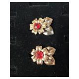 Ladies Flower Earrings W/red Stone - Marked