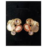 Ladies Gold Tone Cameo Cluster Earrings - Marked