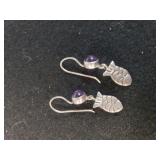 Ladies Fish & Purple Stone Wire Dangle Earrings -