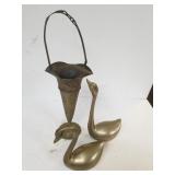 Brass Like Vase & Swan Figures
