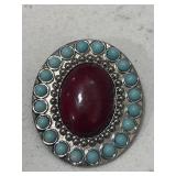 Vintage Larimar & Red Coral Ornate Gemstone