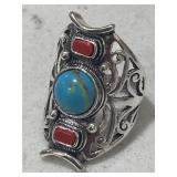 Red Coral & Turquoise Gemstone Ring Tibetan