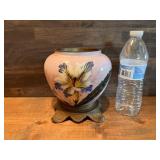Antique Hand Painted Glass Art Nouveau Brass