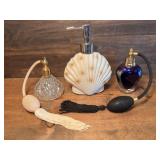 Shell Soap Dispenser & Two Ornate Perfume Bottles